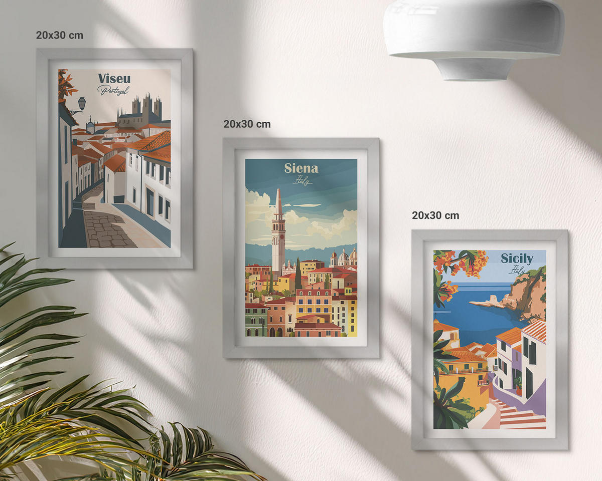 BILDER SET 3er Set - 20x30 cm Silberner Rahmen - Retro-Illustrationen von Weltstädten - Silberfarben, Kunststoff (20/30cm) - TULUP