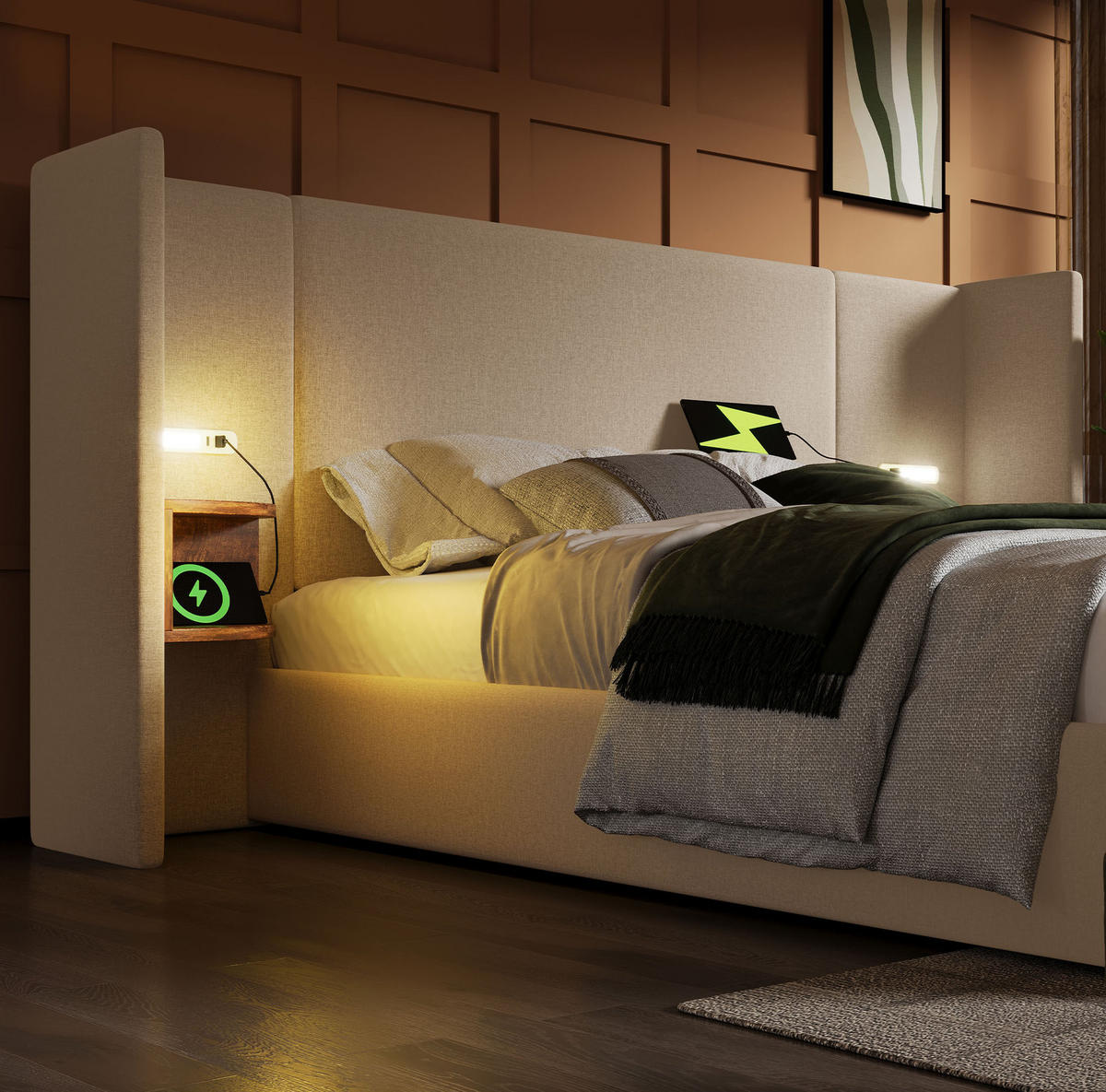 POLSTERBETT 160/200 cm in Beige mit Stauraum, Matratze und USB- und Type-C-Anschlüssen - Beige, Textil (160/200cm) - Flora Grace