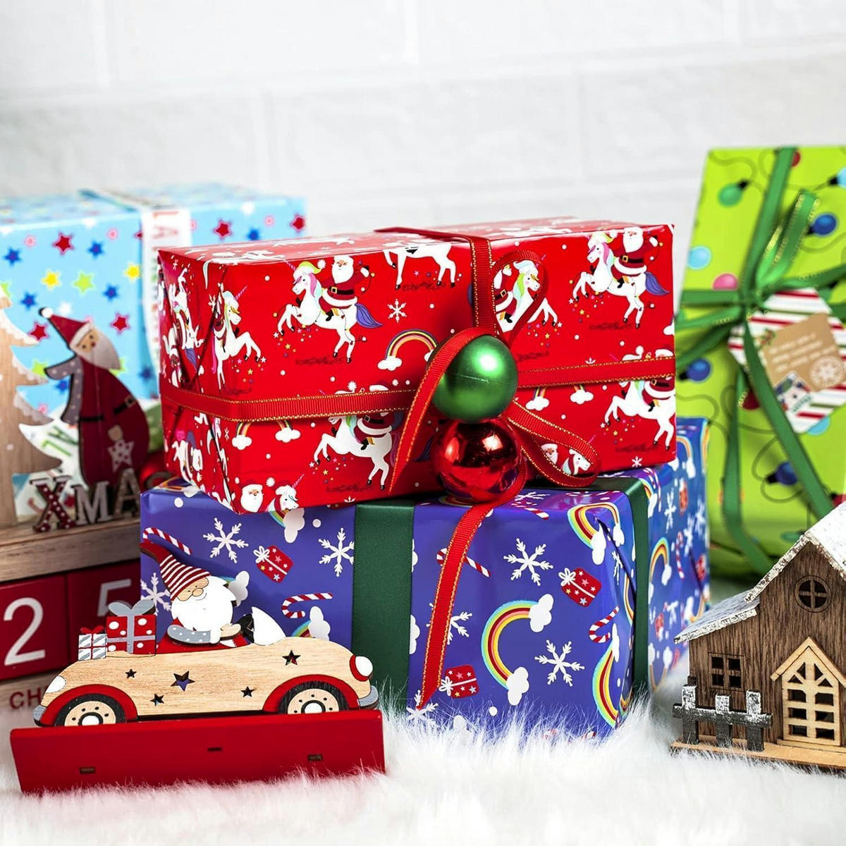 GESCHENKPAPIER Wendbar 43,2 cm x 10 m Weihnachtsmann Einhorn Streifen - Multicolor, Papier (4/44/4cm)