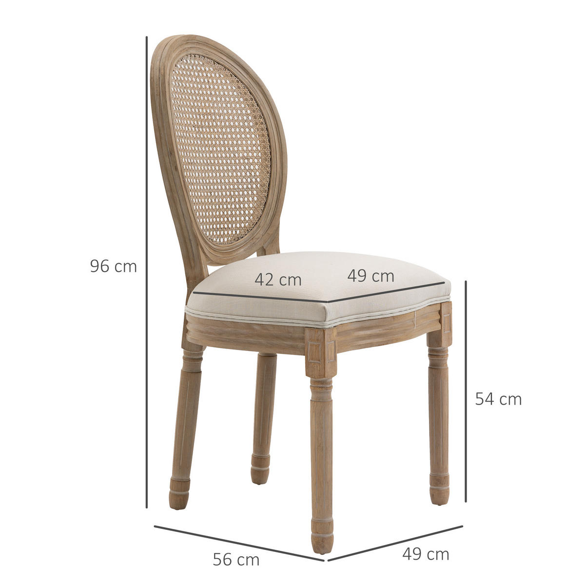 2ER Set Esszimmerstühle Küchenstuhl mit Rattan-Rückenlehne Linen-Touch - Creme/Naturfarben, Holz/Textil (56/96/49cm) - HOMCOM