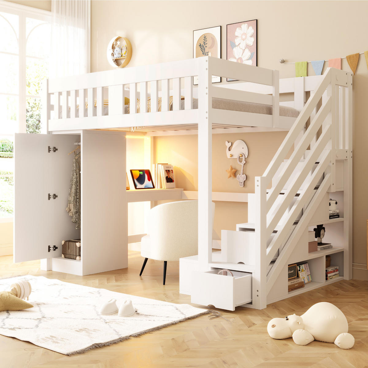 HOCHBETT 140/200 cm in Weiß aus Holz mit Treppe, Schreibtisch, LED und Stauraum - Weiß, Holz/Holzwerkstoff (140/200cm) - WISHDOR