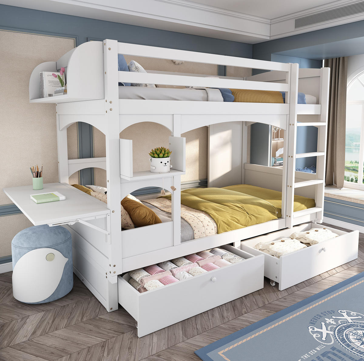 ETAGENBETT 90/200 cm aus Massivholz mit klappbarem Schreibtisch und 2 Schubladen - Weiß, Holz (90/200cm) - BEAOK