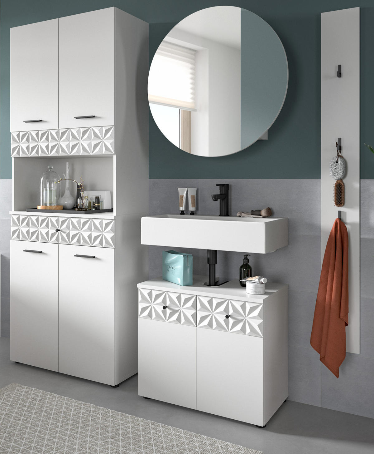 BADMÖBEL-SET weiß Hochglanz 4-teilig 186 cm, Komplettset mit 3D-Struktur - Weiß Hochglanz, Glas/Holzwerkstoff (186/187/37cm) - Inn.Furn