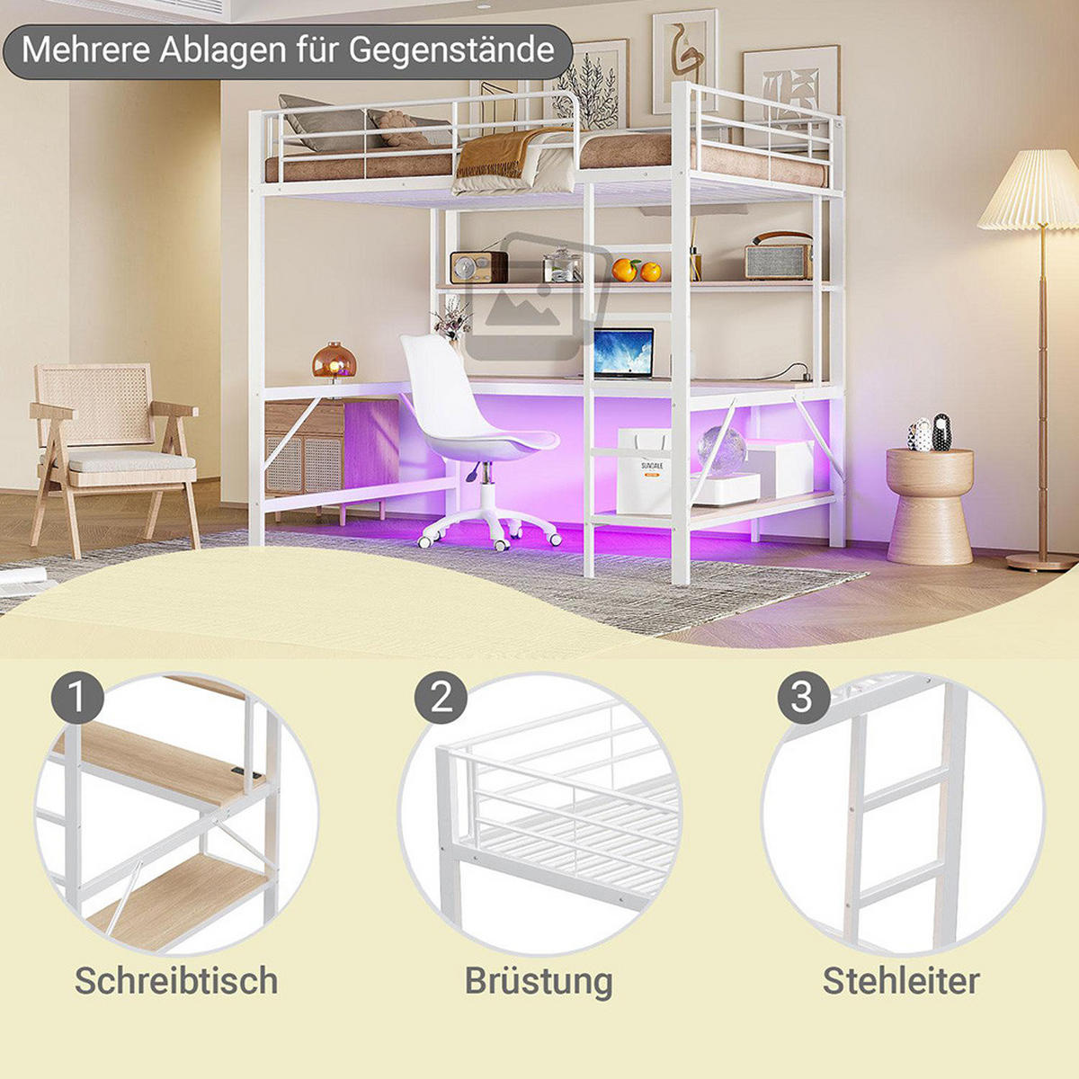 HOCHBETT 140x200cm mit weißem Schreibtisch in Metall - Weiß, Metall (140/200cm) - KOMHTOM
