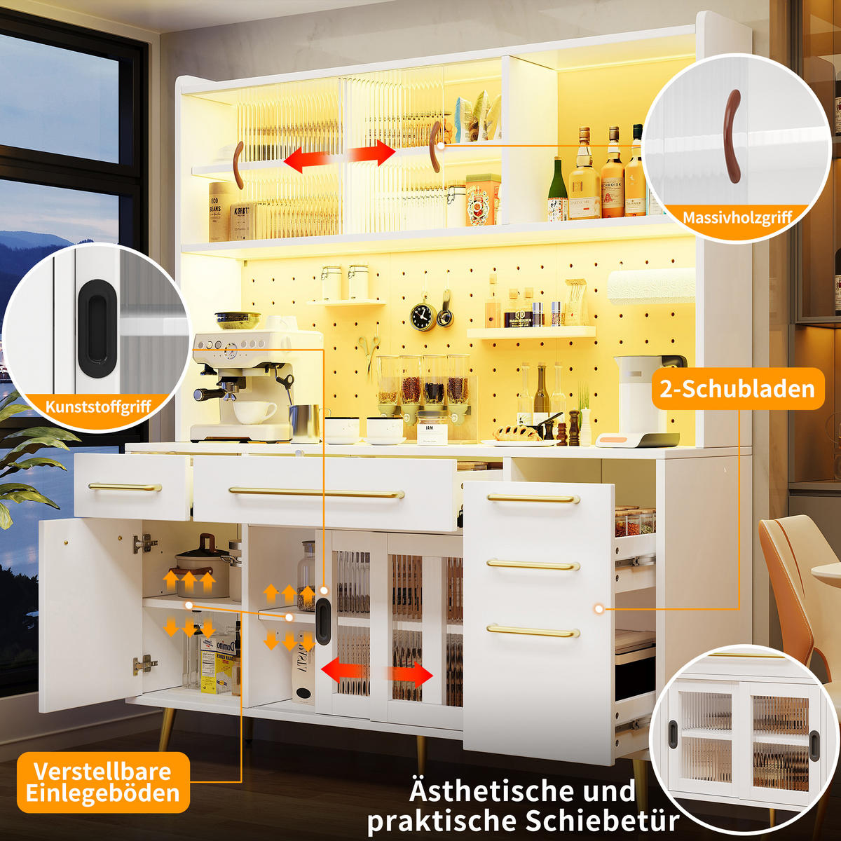 KÜCHENSCHRANK LED Lochwand Glastür Schublade Weiß - Weiß, Glas (145/171/39cm) - FLIEKS