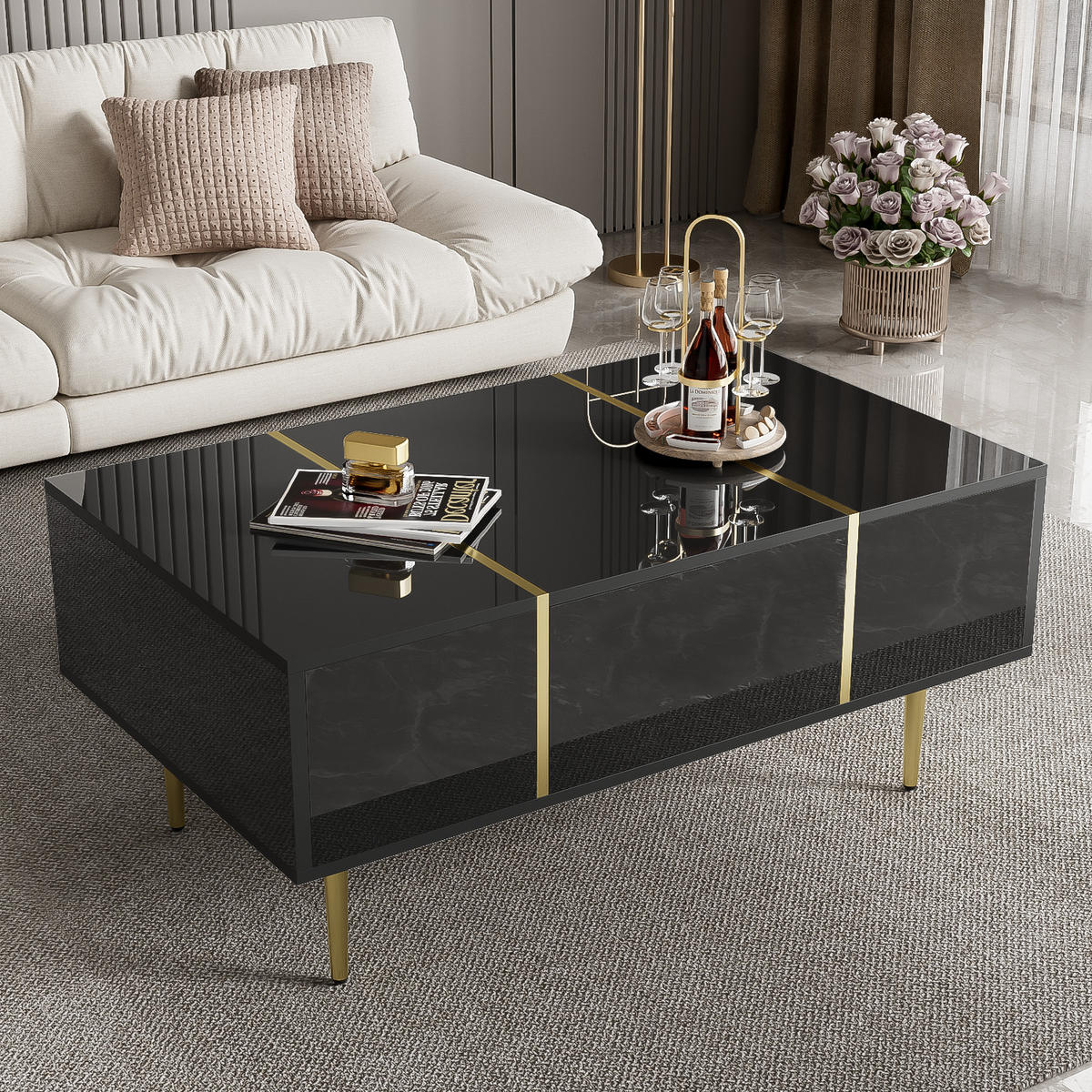 COUCHTISCH Schwarz Hochglanz, 2 Schubladen - Schwarz, Holz (60/100/41cm)