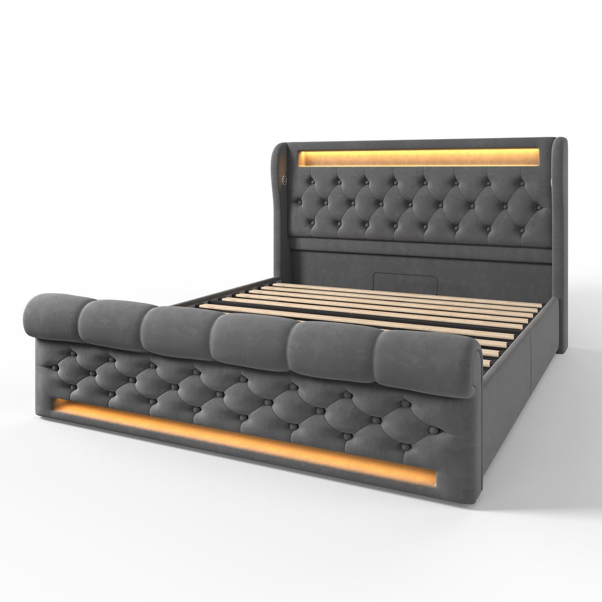 ČALOUNĚNÁ postel 140/190 cm šedá ze sametu s LED osvětlením, USB a úložným prostorem - šedá, textil (140/190cm) - OKWISH
