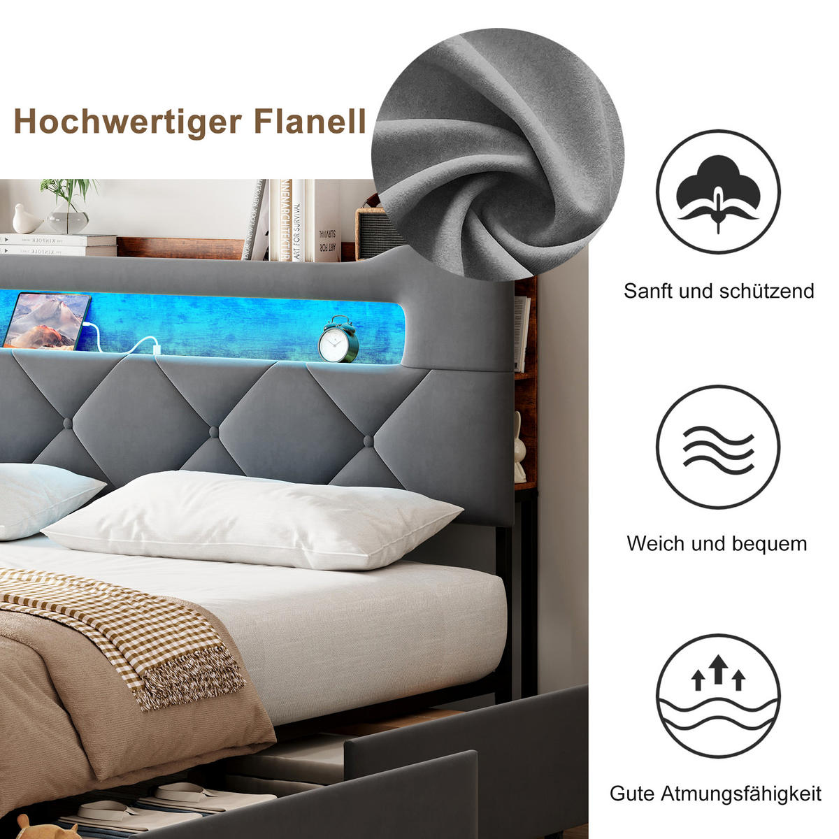 POLSTERBETT 140x200 cm Grau mit 4 Schubladen, LED Beleuchtung, Stauraum Kopfteil mit USB und Typ-C - Grau, Metall (140/200cm) - EuroLiving