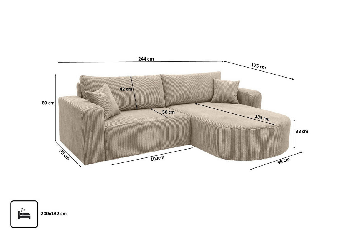 ECKSOFA Mit Schlaffunktion, Cordstoff Poso, Dunkelbeige, Rechts, ROUND ONE - Beige, Holz (244/175cm) - Kaiser Möbel