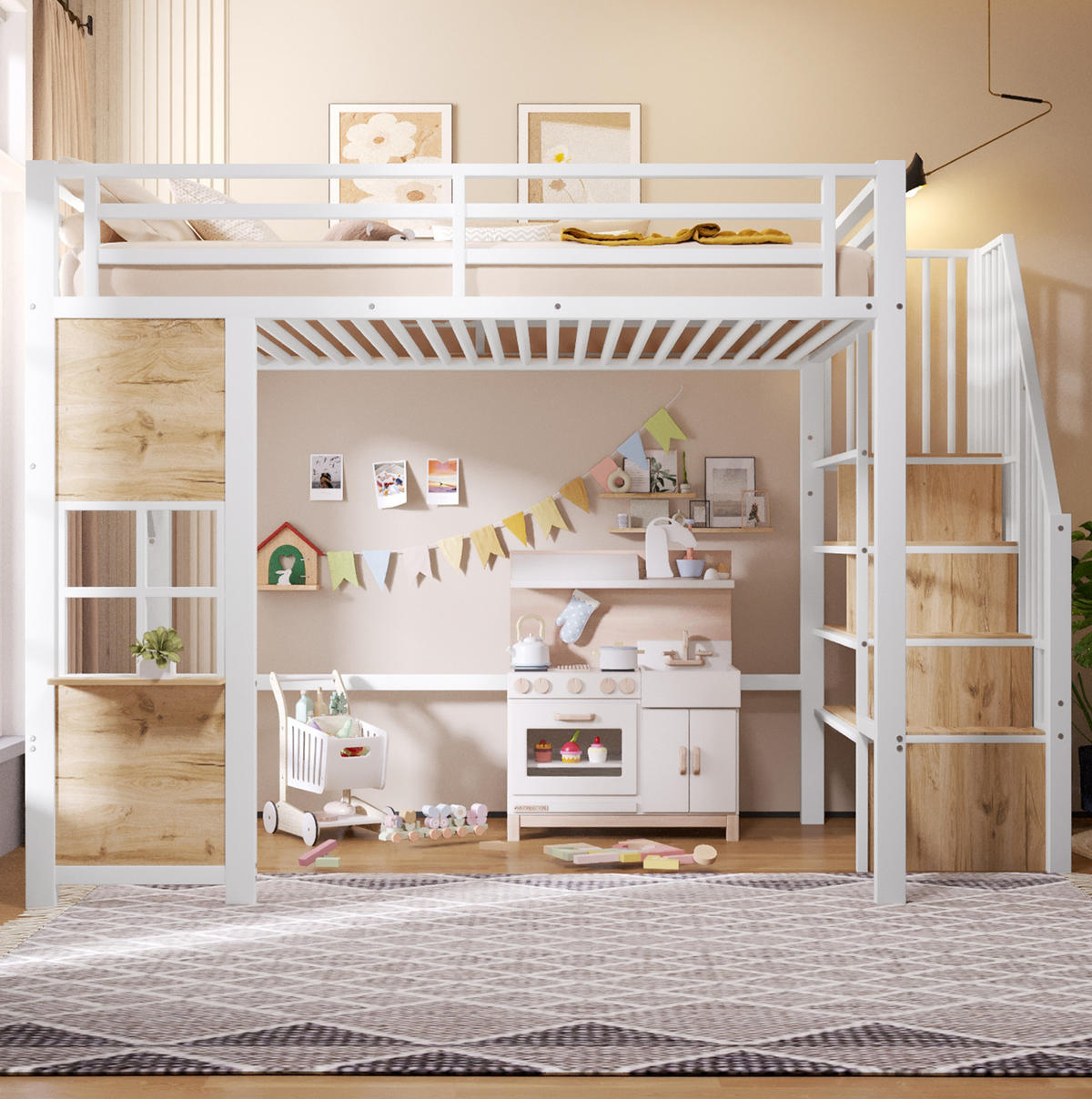 HOCHBETT 140/200 cm aus Metall und MDF mit Stauraumleiter, Weiß - Weiß, Holzwerkstoff (140/200cm) - OKMYHOME