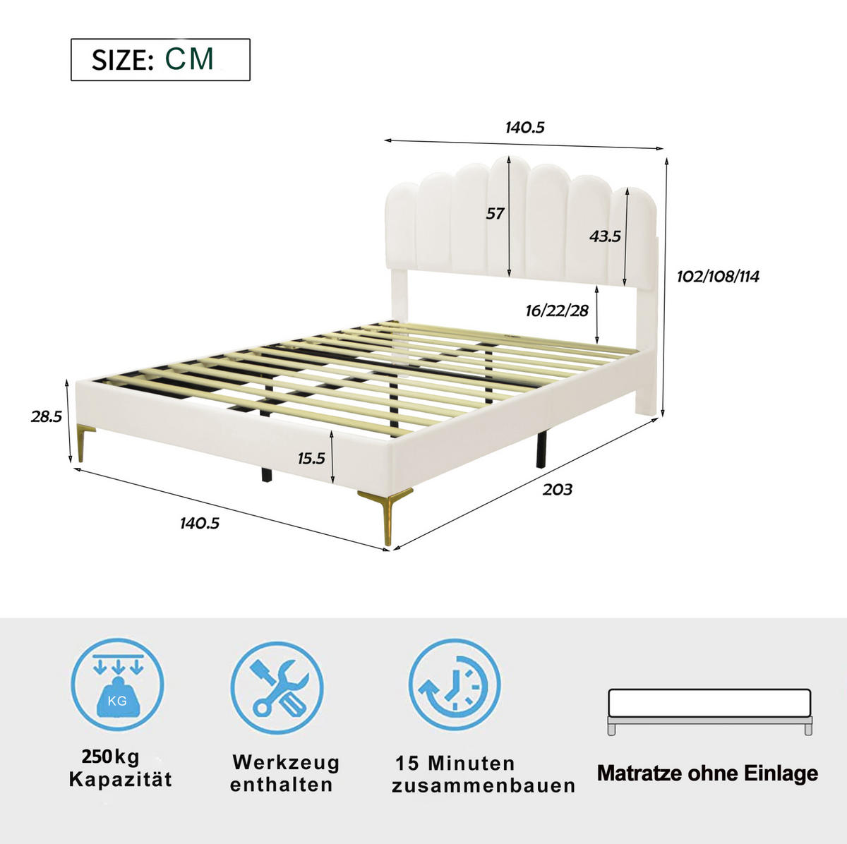 POLSTERBETT mit verstellbarem Kopfteil 140x200 cm Samt Beige - Beige, Metall (140/200cm) - Meubliv