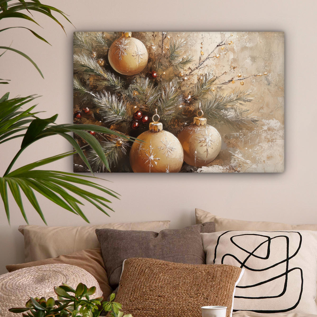 LEINWANDBILD Weihnachten - Kugeln - Beige - Gold Wanddeko 90x60 cm - Goldfarben, Textil (90/60cm) - MuchoWow