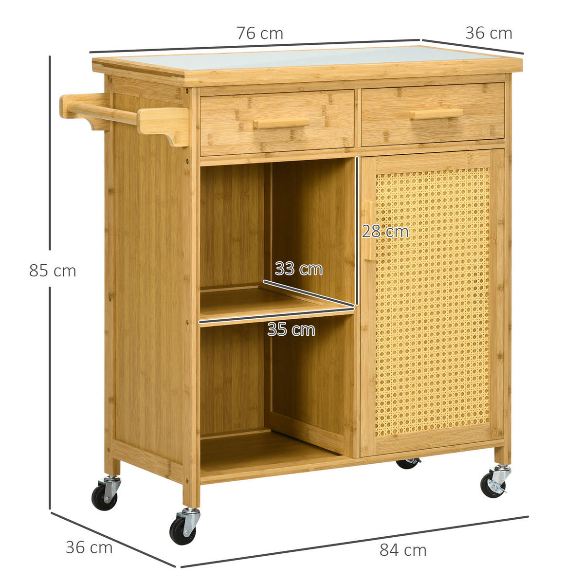 KÜCHENWAGEN Rollwagen 84x36x85cm Bambus Rattan mit Glasplatte & 4 Rollen - Naturfarben, Holz (36/85/84cm) - Modfu