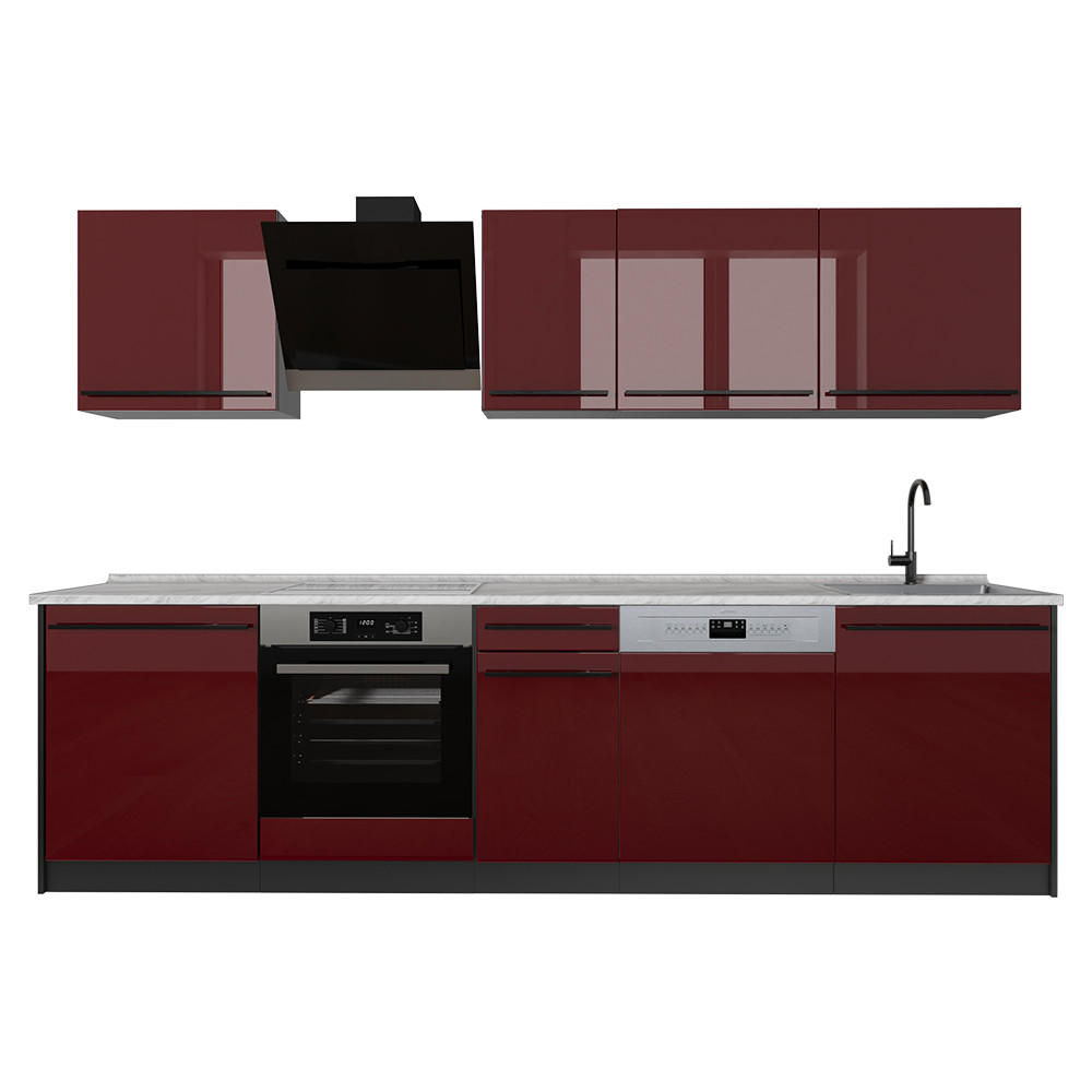 KÜCHENZEILE R-Line, Rot Hochglanz/Anthrazit, 280 cm Arbeitsplatte Marmor - Anthrazit/Rot, Holzwerkstoff (280/206.8/60cm) - Vicco