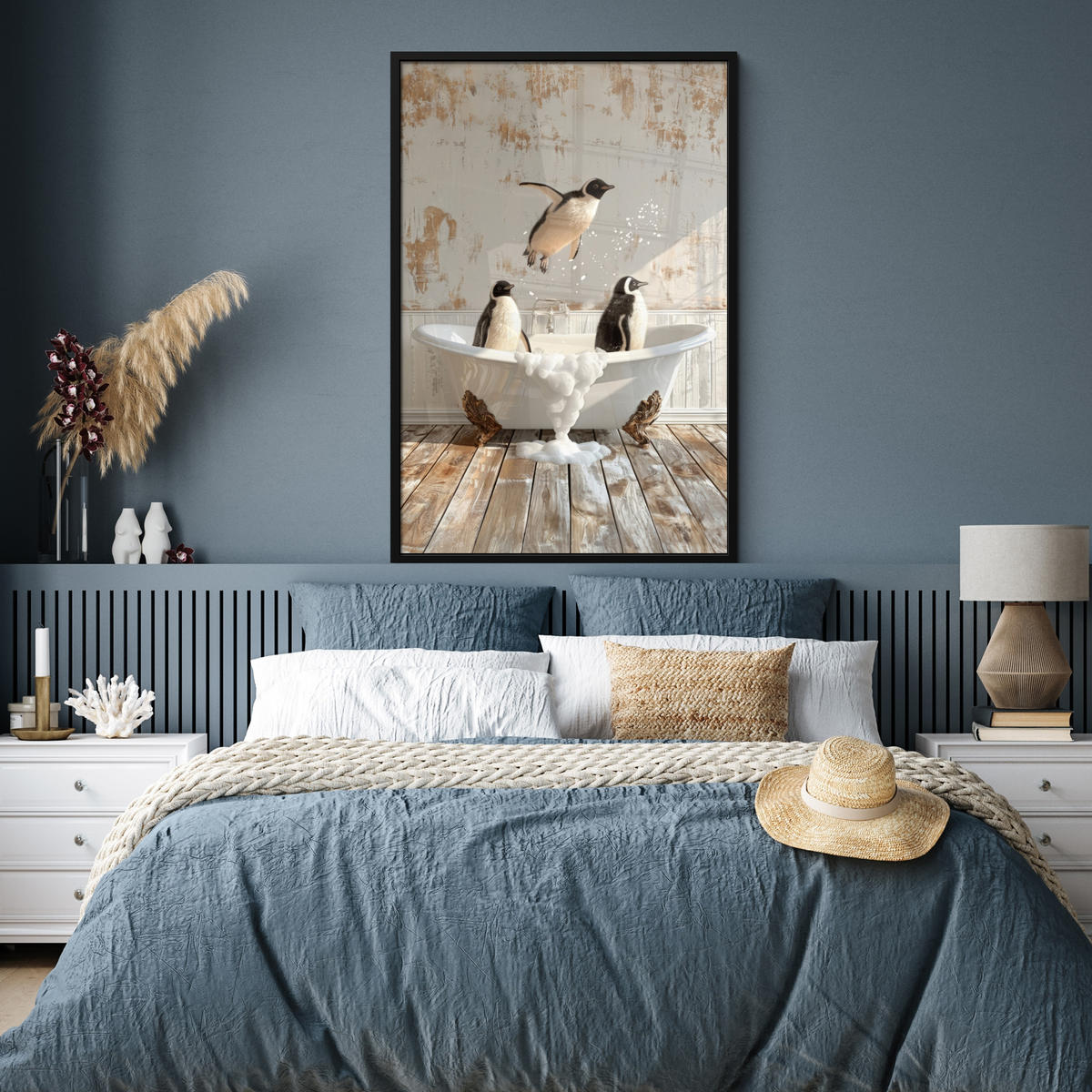 GERAHMTES BILD Vintage - Pinguin - Badewanne - Schaumstoff 80x120 cm - Schwarz, Papier (80/120cm) - MuchoWow