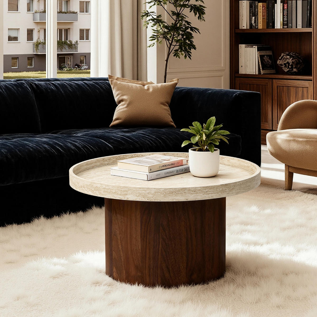 RUNDER Couchtisch mit Tablettplatte und braunem Gestell,Holzoptik | Ø60 x H34 cm - Braun, Holzwerkstoff (60/60/34cm) - Hometopia