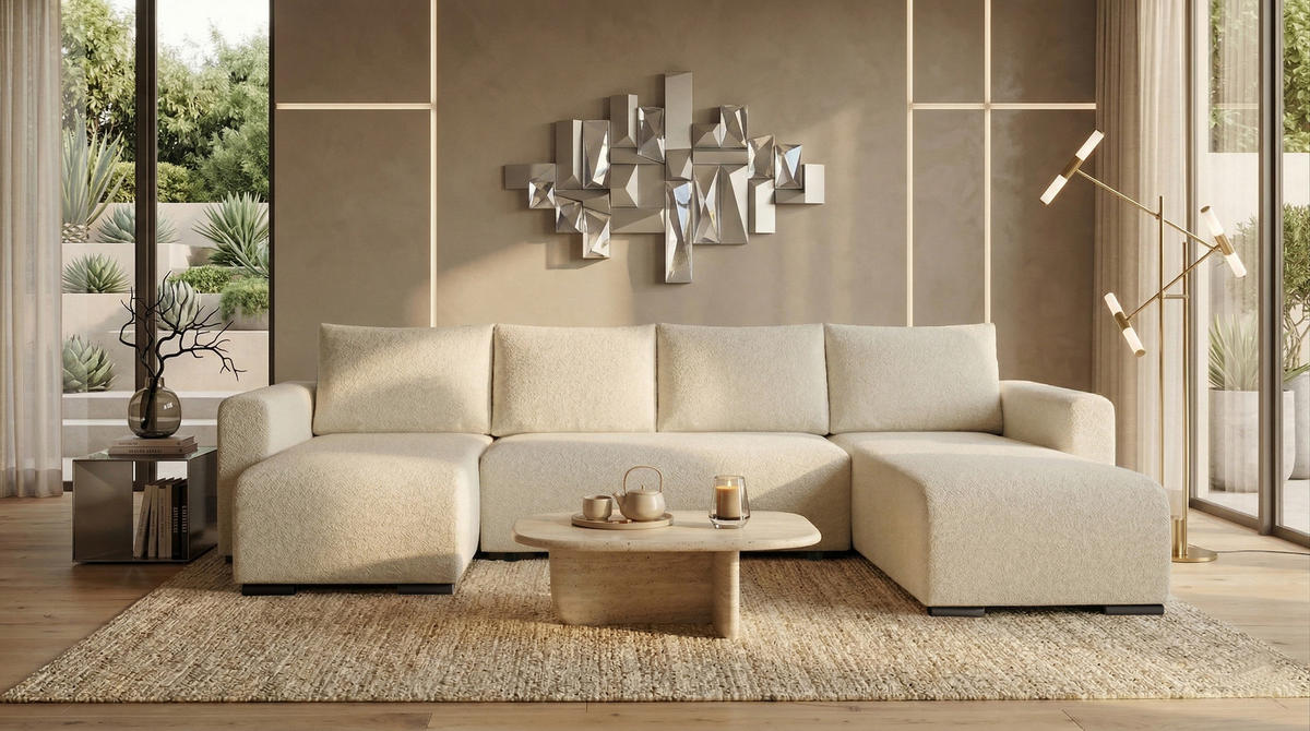WOHNLANDSCHAFT DORA U mit Bettkasten und Schlaffunktion, U-Form, bequem - Creme, Textil (305/85/140cm) - Storez24