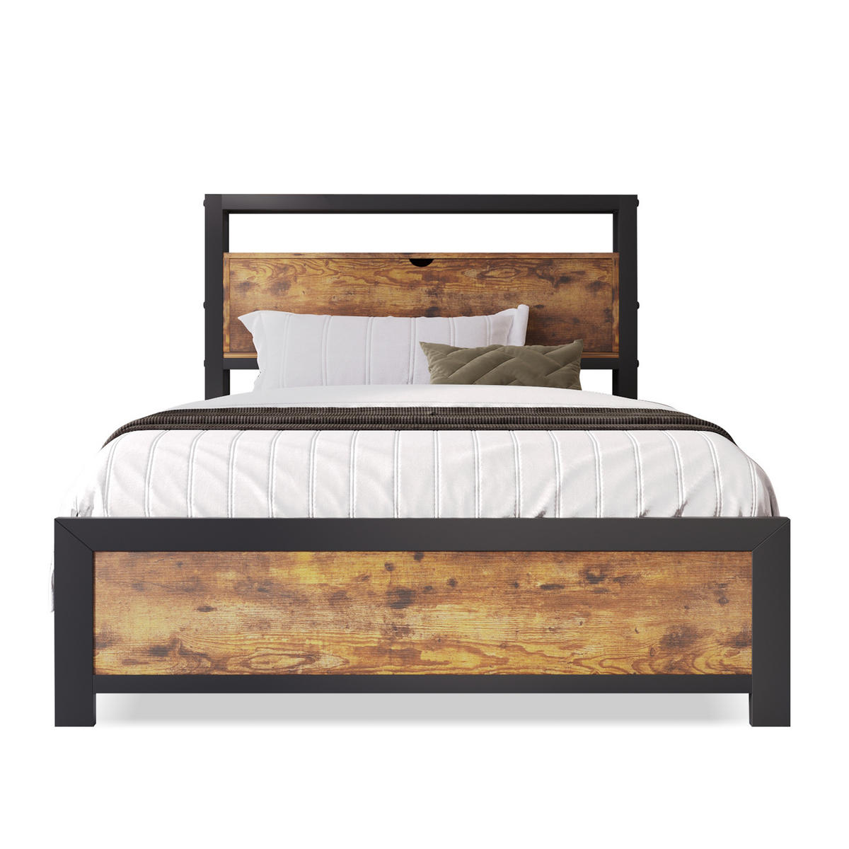 BETT 90/200 cm mit Stauraum-Kopfteil und Holzmaserung - Naturfarben, Metall (90/200cm) - OKWISH