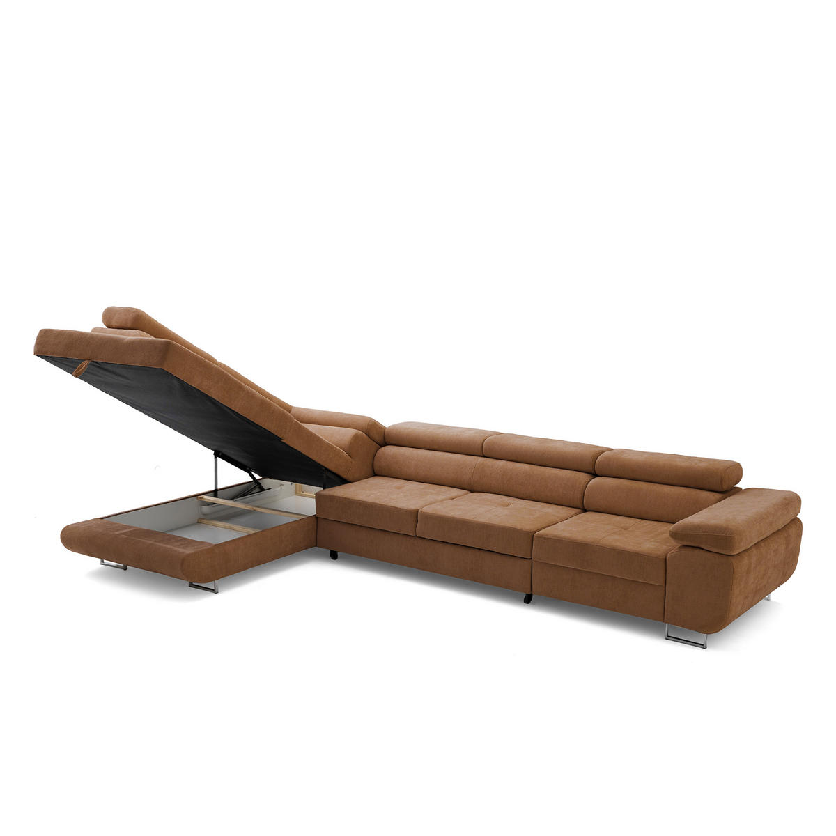 ECKSOFA WILD MAXI L Links mit Schlaffunktion 125x195 Chenille Braun - Chromfarben/Braun, Holz/Textil (350/203cm) - Muffo