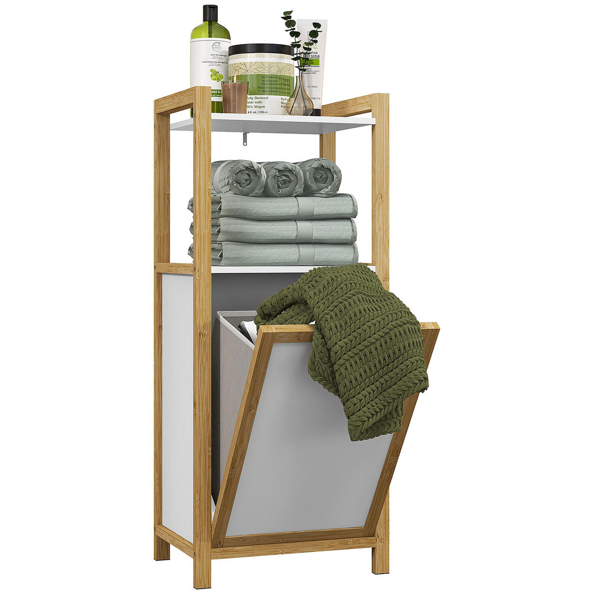 BADREGAL DE-17313 mit 2 Etagen & Wäschekorb Natur - Weiß, Naturmaterialien (40/95/30cm) - ComfortXL