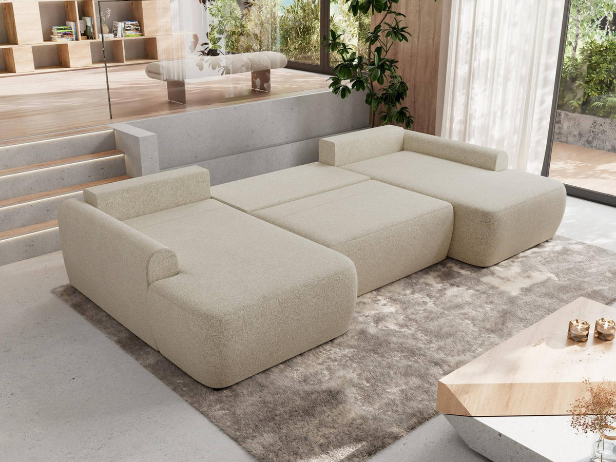 WOHNLANDSCHAFT CUBO U Creme Struktur - Creme/Schwarz, Kunststoff/Textil (370/100/187cm) - MKS