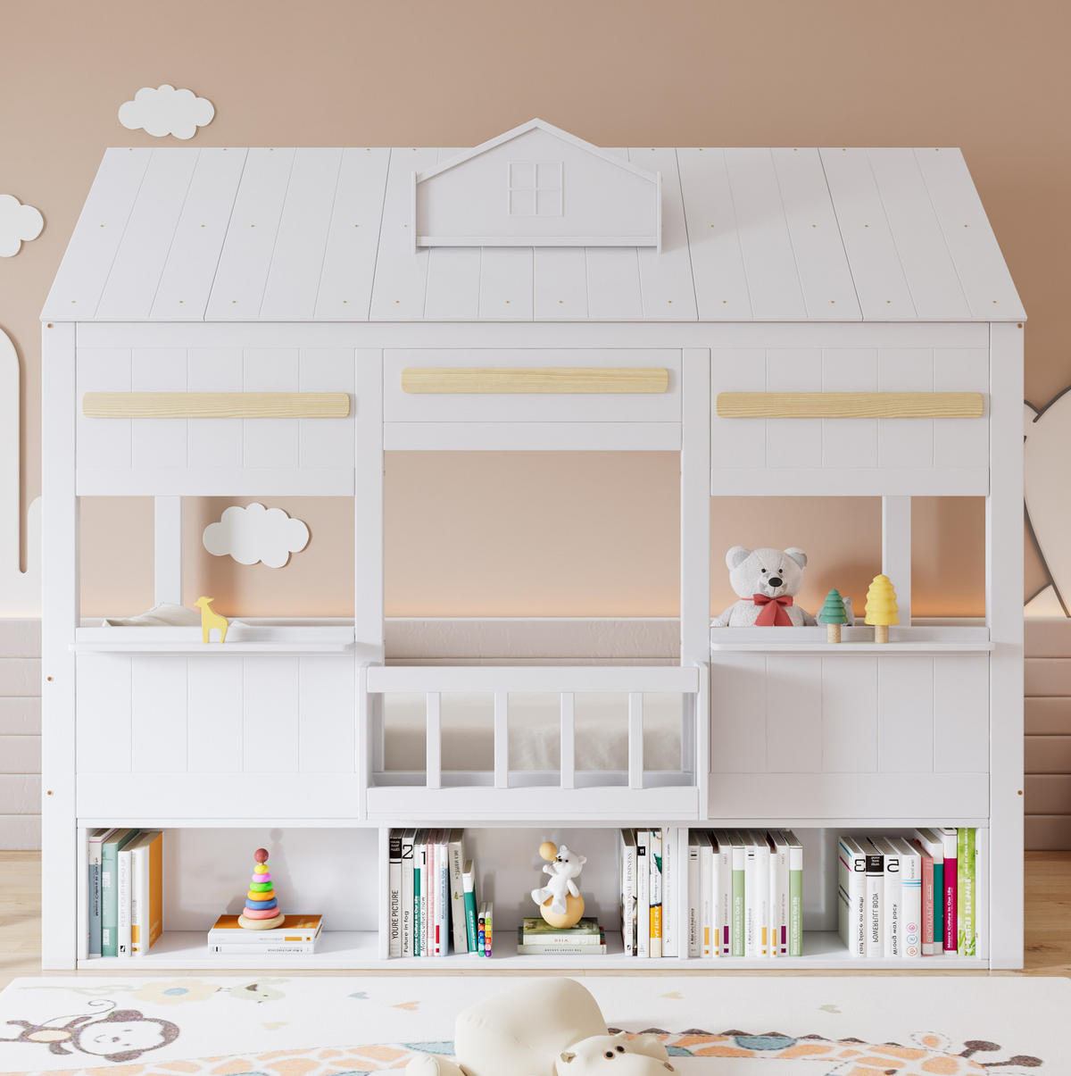 HOCHBETT 90/200 cm in Weiß mit Bücherregal und hausförmigem Design - Weiß, Holz (90/200cm) - Flora Grace