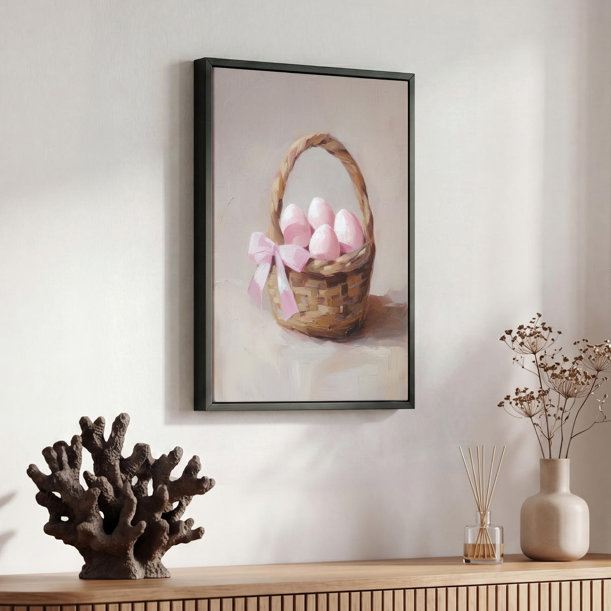 LEINWAND Bilder mit Rahmen - Korb - Eier - Rosa - 30x40 - Beige, Textil (30/40cm) - MuchoWow