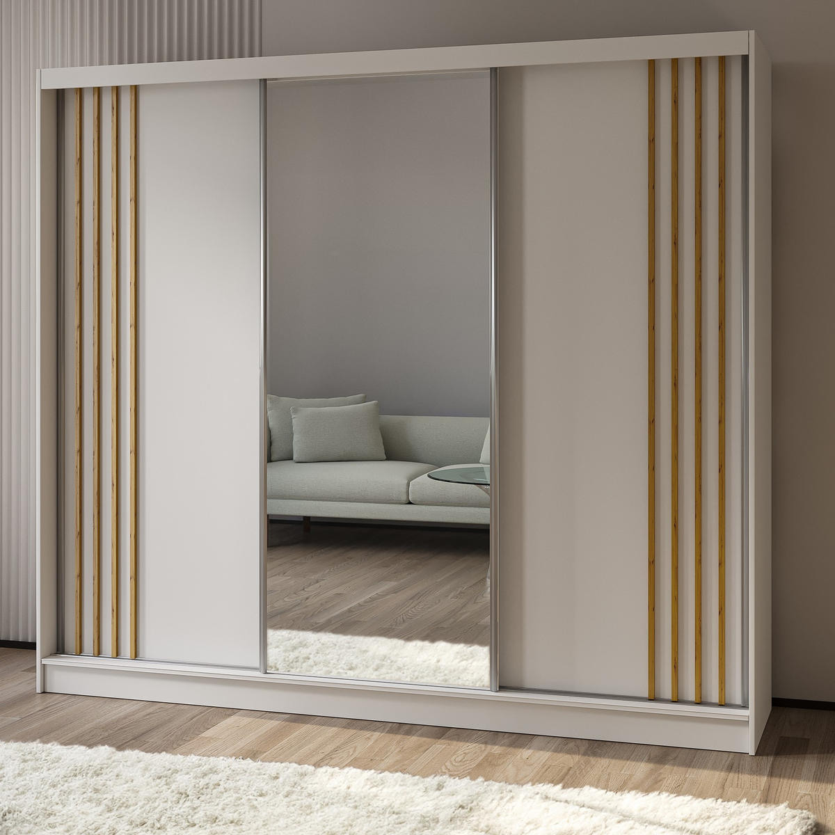 SCHWEBETÜRENSCHRANK NELVIA 240/216/61 cm 3-türig mit Spiegel Weiß - Weiß, Holzwerkstoff (240/216/61cm) - MASSENO