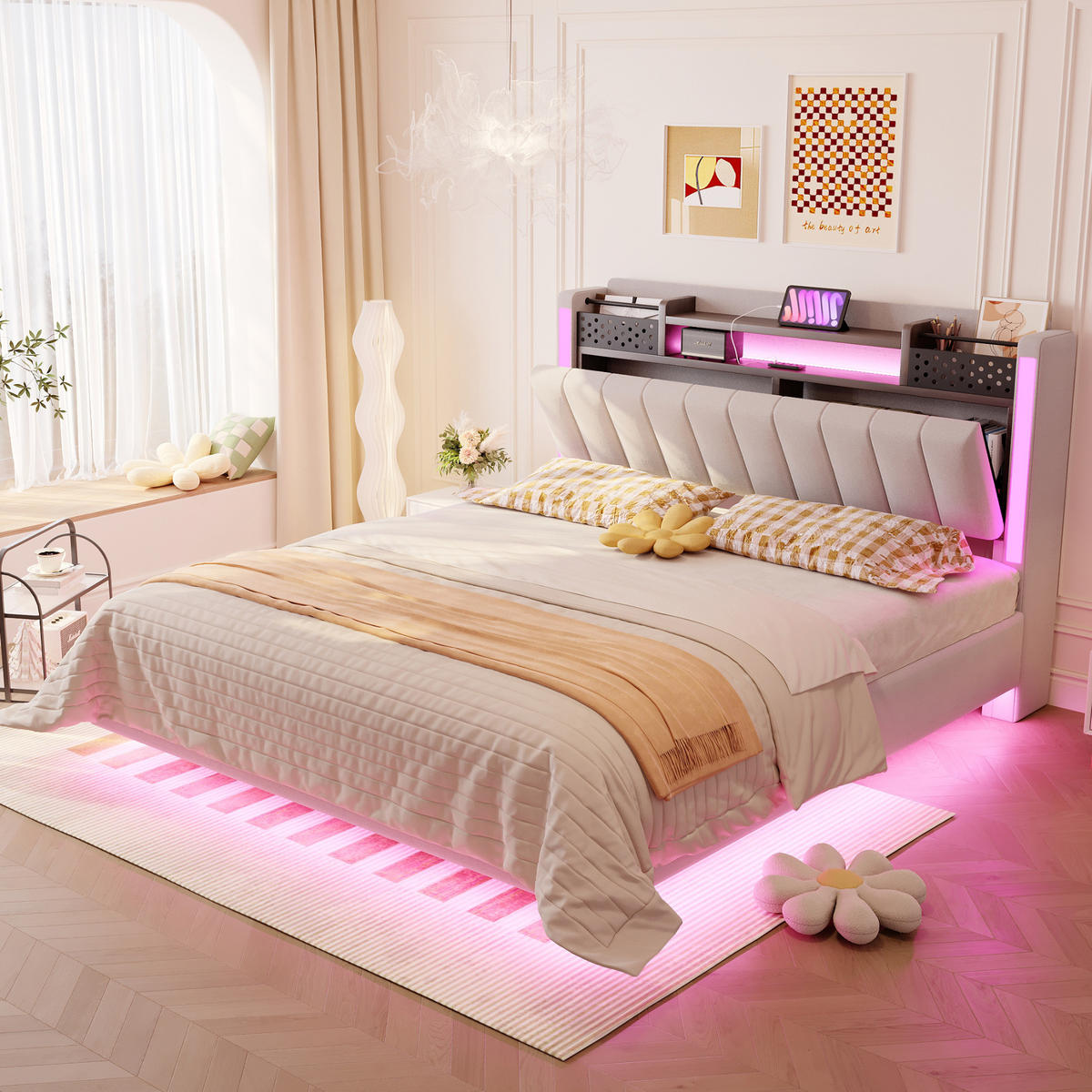 ČALÚNENÁ posteľ z látky 140x200 cm béžová s LED osvetlením, USB portom a úložným čelom - béžová, textil (140/200cm) - Modfu