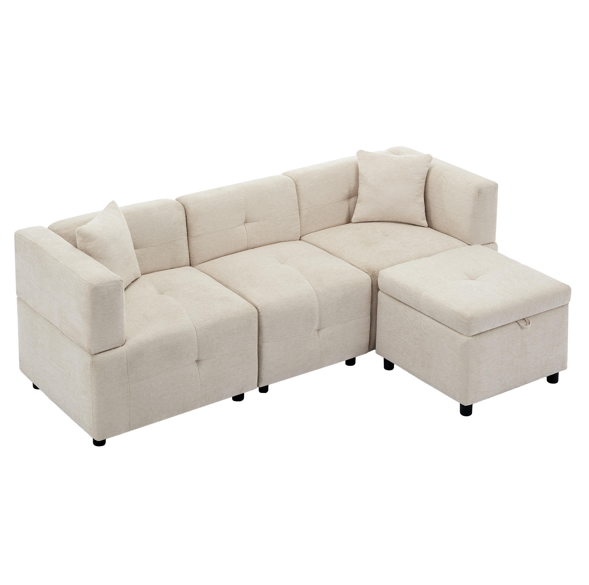3-SITZER Ecksofa Chenille mit Stauraum-Fußhocker und 2 Kissen 204/126/69 cm Beige - Beige, Kunststoff/Textil (126/204cm) - Redom