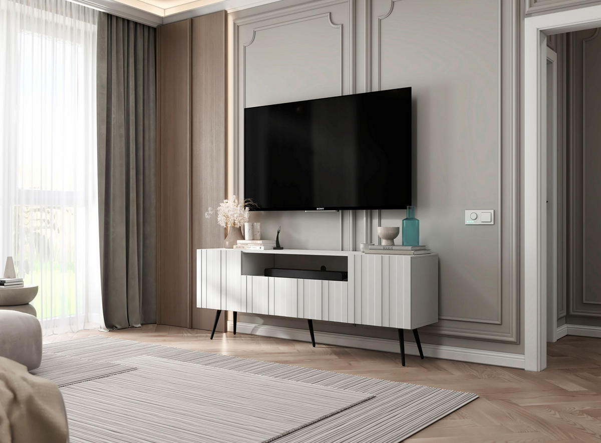 TV-SCHRANK Elpis Weiß Matt mit Metallbeine Glamour 150 cm - Schwarz/Weiß, Holzwerkstoff/Metall (150/60.5/36.5cm) - Meble Lindner