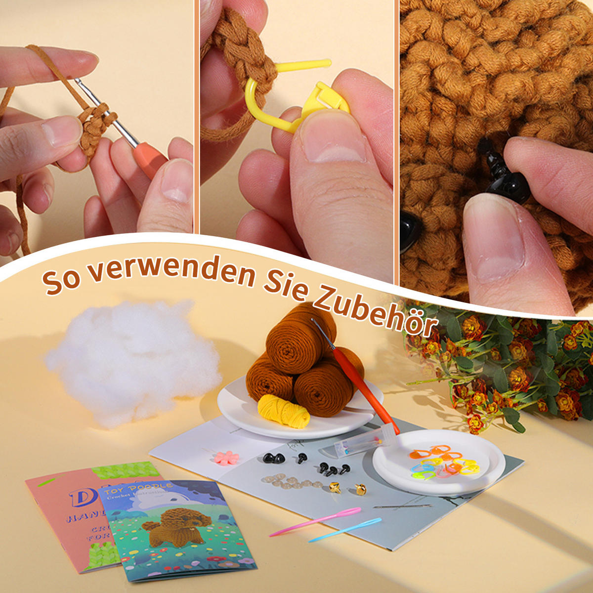 KOMPLET za kvačkanje medvedjega pudlja, amigurumi za začetnike z navodili - rjava, tekstil (1/1/1cm)
