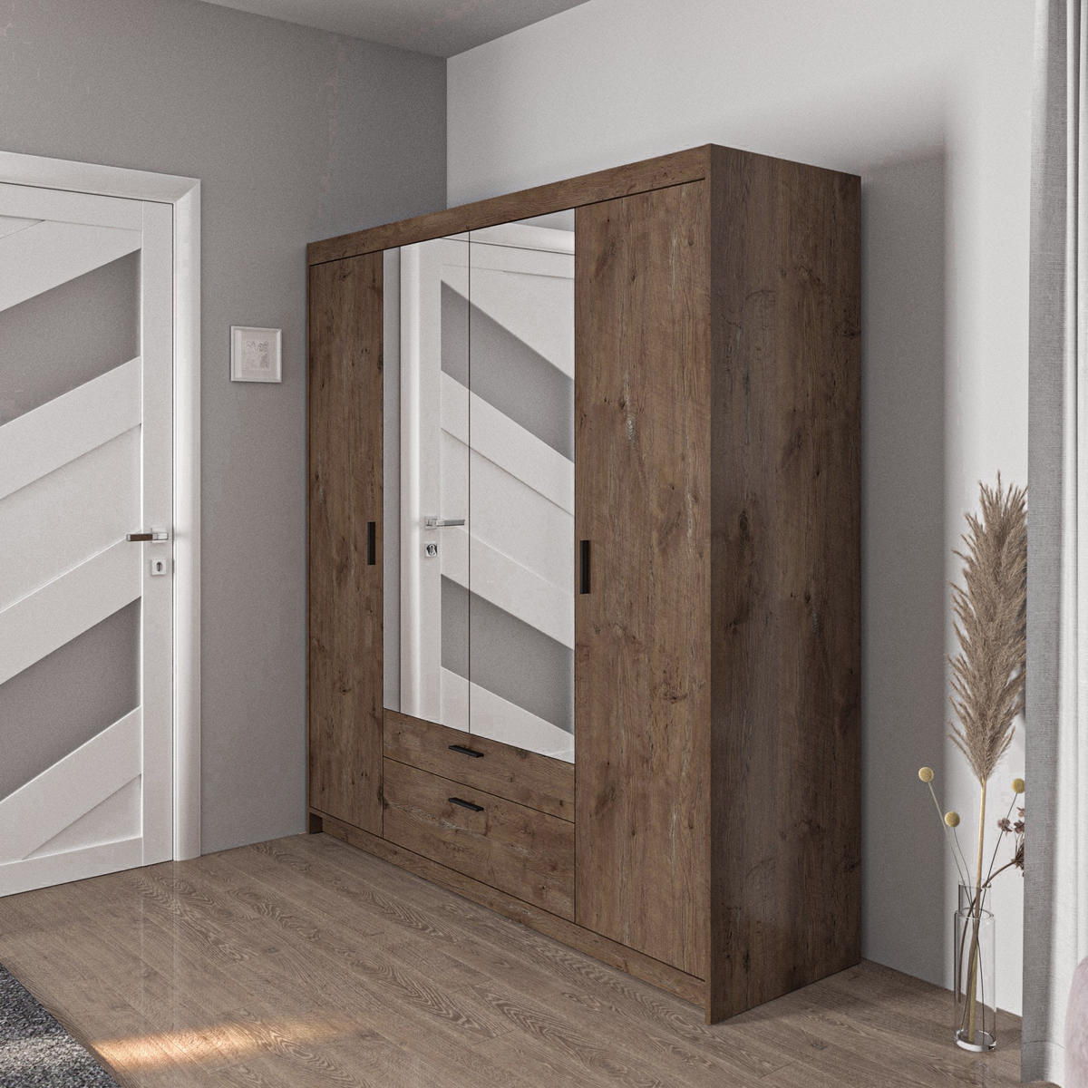 DREHTÜRENSCHRANK ELENORA 176,3/190,5/53cm 4-türig mit Spiegel Braun - Braun, Holzwerkstoff (176.3/190.5/53cm) - MASSENO