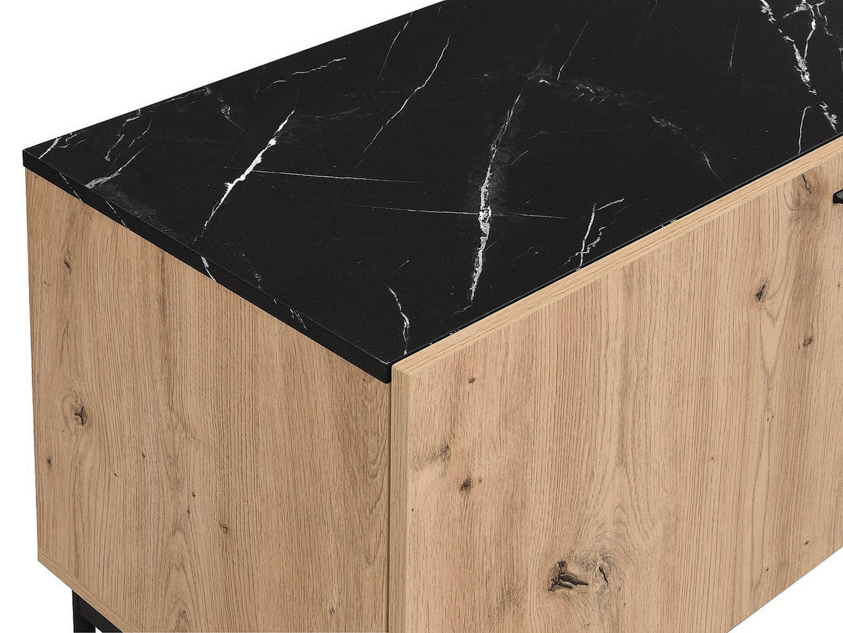TV-MÖBEL mit 2 Türen, 1 Schublade & 1 Ablagefach - MDF & Metall - Holzfarben hell & Marmor-Optik Schwarz - LIOMENA - Schwarz, Holz (180/55/40cm) - Vente-Unique