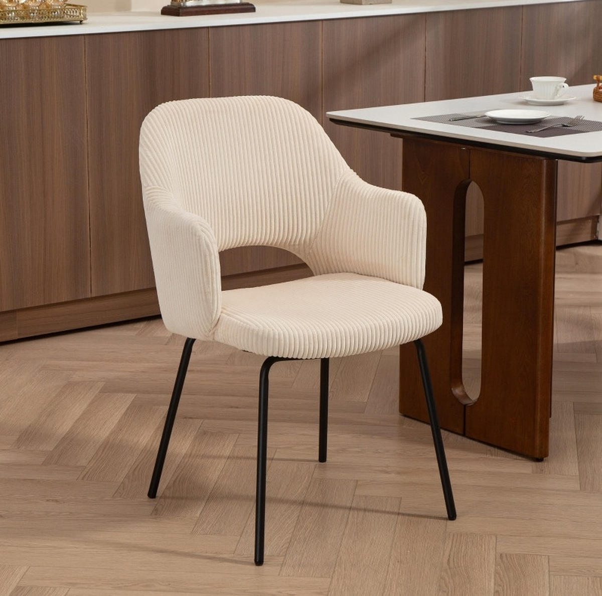 ESSZIMMERSTUHL mit Armlehnen Cord Beige Metallbeine - Beige, Metall (57/85.5/62.5cm) - Meubliv