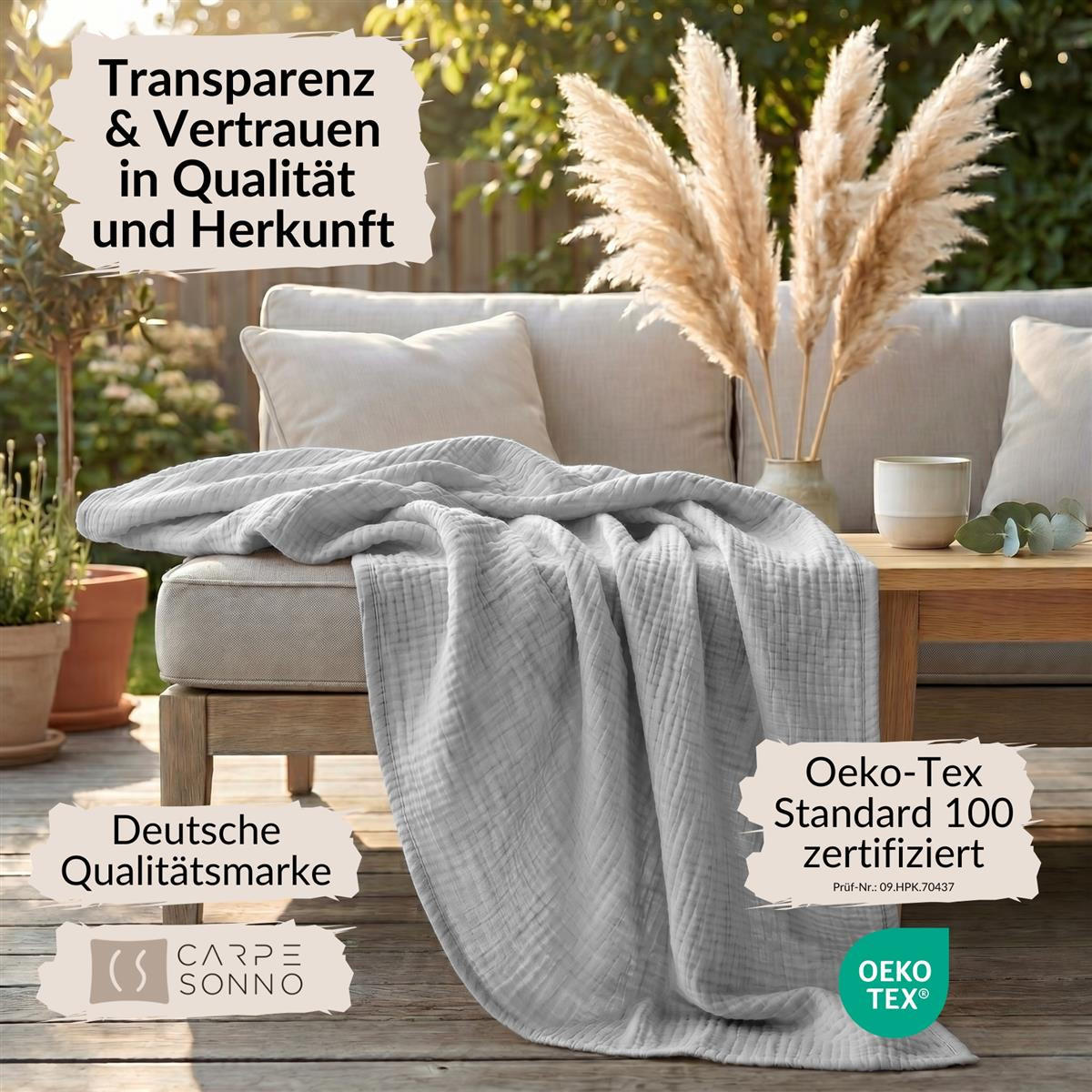 WOHNDECKE Musselin 150 x 200 cm, Leichte Kuscheldecke aus 100% Baumwolle - Nutzbar als Tagesdecke, Plaid oder Decke für Sofa, Couch & Bett - Grau - Grau, Textil (150/200cm) - Carpe Sonno