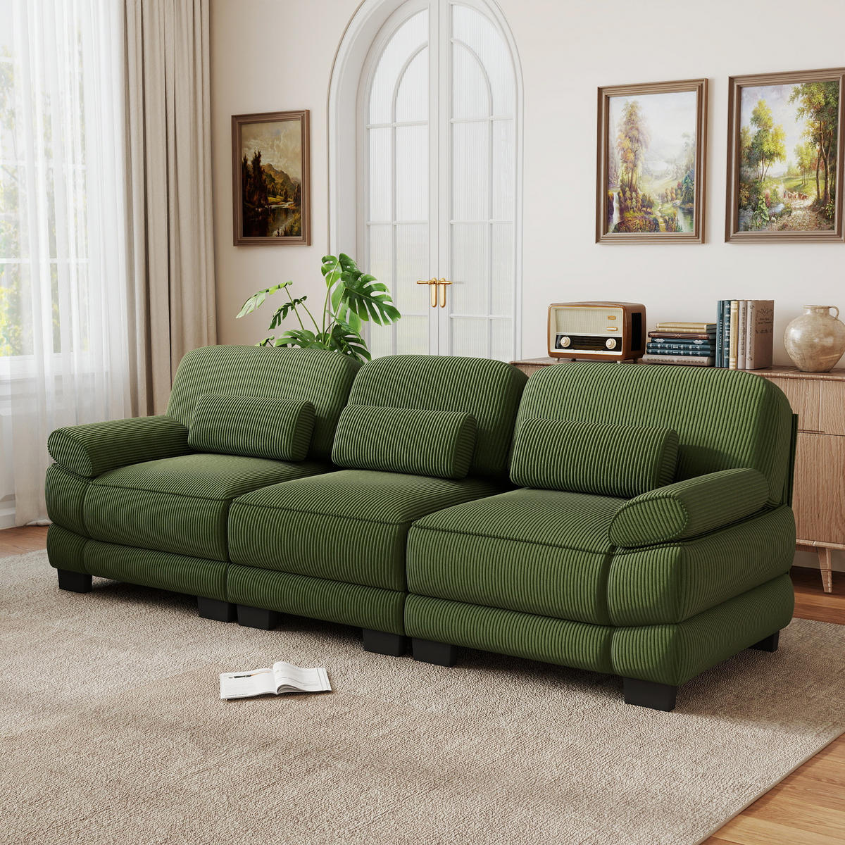 3-SITZER-SOFA mit Lendenkissen, Cordbezug, DE-42659, Grün - Grün, Holz (265/94/88.5cm) - ComfortXL