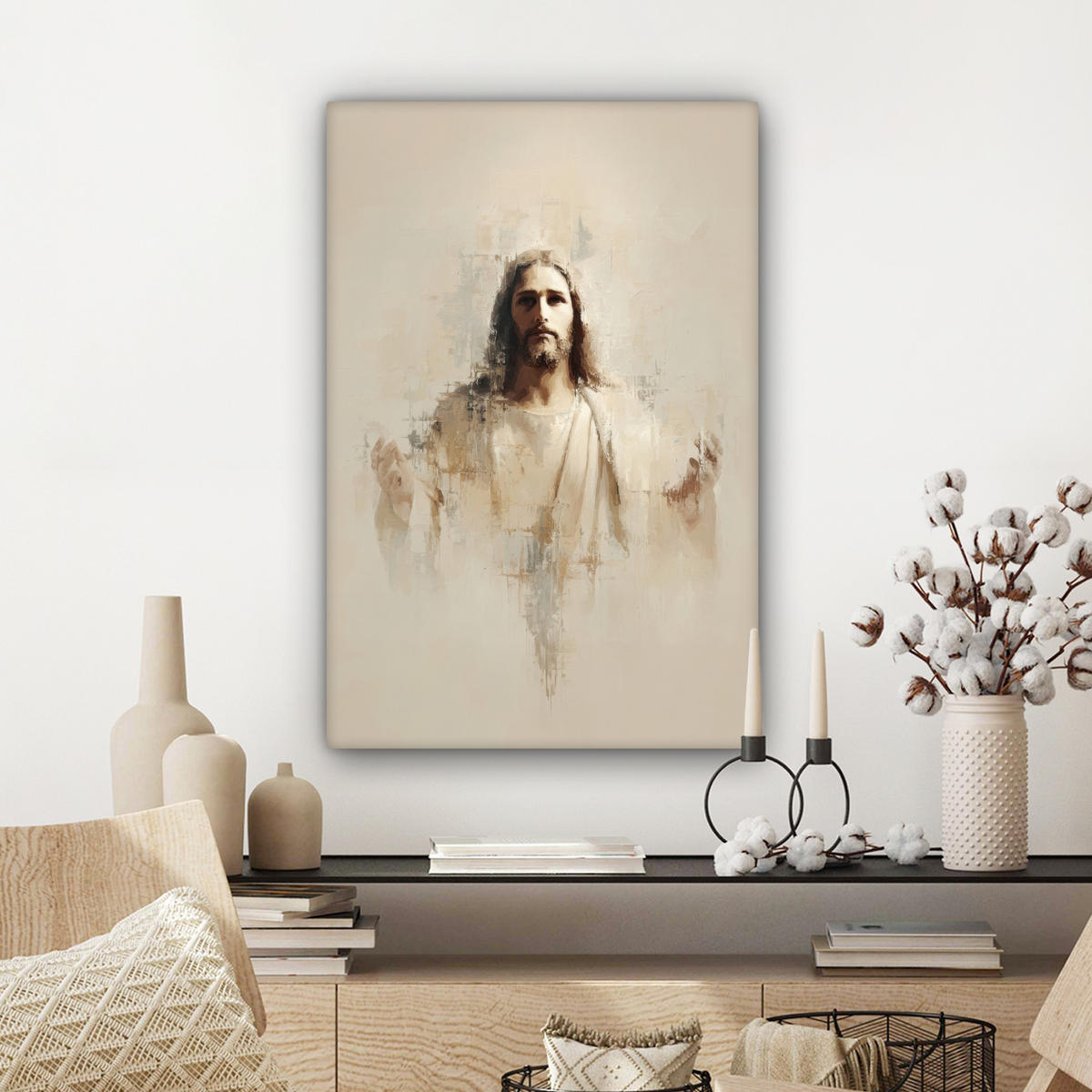 LEINWANDBILD Porträt - Abstrakt - Jesus - Beige Wanddeko 40x60 cm - Beige, Textil (40/60cm) - MuchoWow