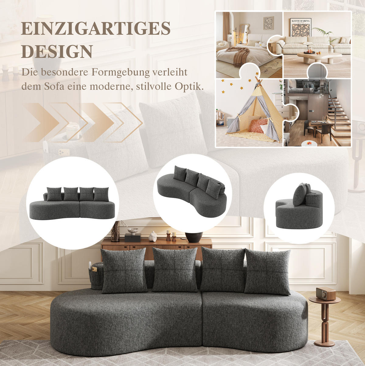 SOFA 240/109/60 cm in Dunkelgrau mit Becherhaltern und Seitentaschen - Dunkelgrau, Textil (109/63/240cm) - Flora Grace