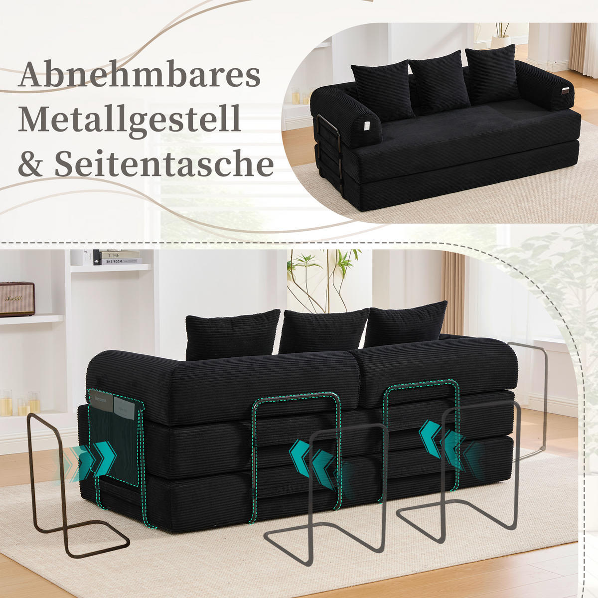 SCHLAFSOFA 200/94/67 cm Schwarz mit Seitentaschen plus und 3 Kissen - Schwarz, Textil (200/67/94cm) - Oxeza