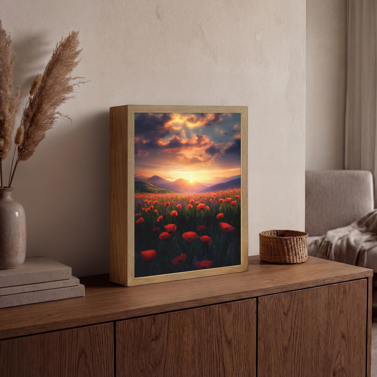 WANDLEUCHTE MIT AKKU Landschaft - Sonnenuntergang - Blumenfeld 30x40 cm - Rot, Holzwerkstoff (30/40/8cm) - OnlyWow