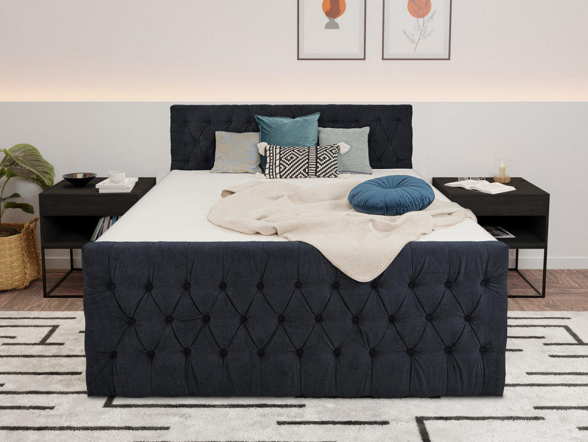 BOXSPRINGBETT London dunkelblau 160/200 cm H3/H4 Samt - Dunkelblau, Textil (160/200cm) - wonello