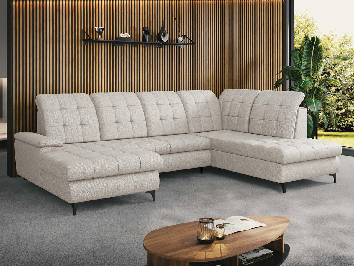 WOHNLANDSCHAFT Enzo, Seite: Links - Creme/Schwarz, Holz/Textil (330/105/212cm) - MIRJAN24