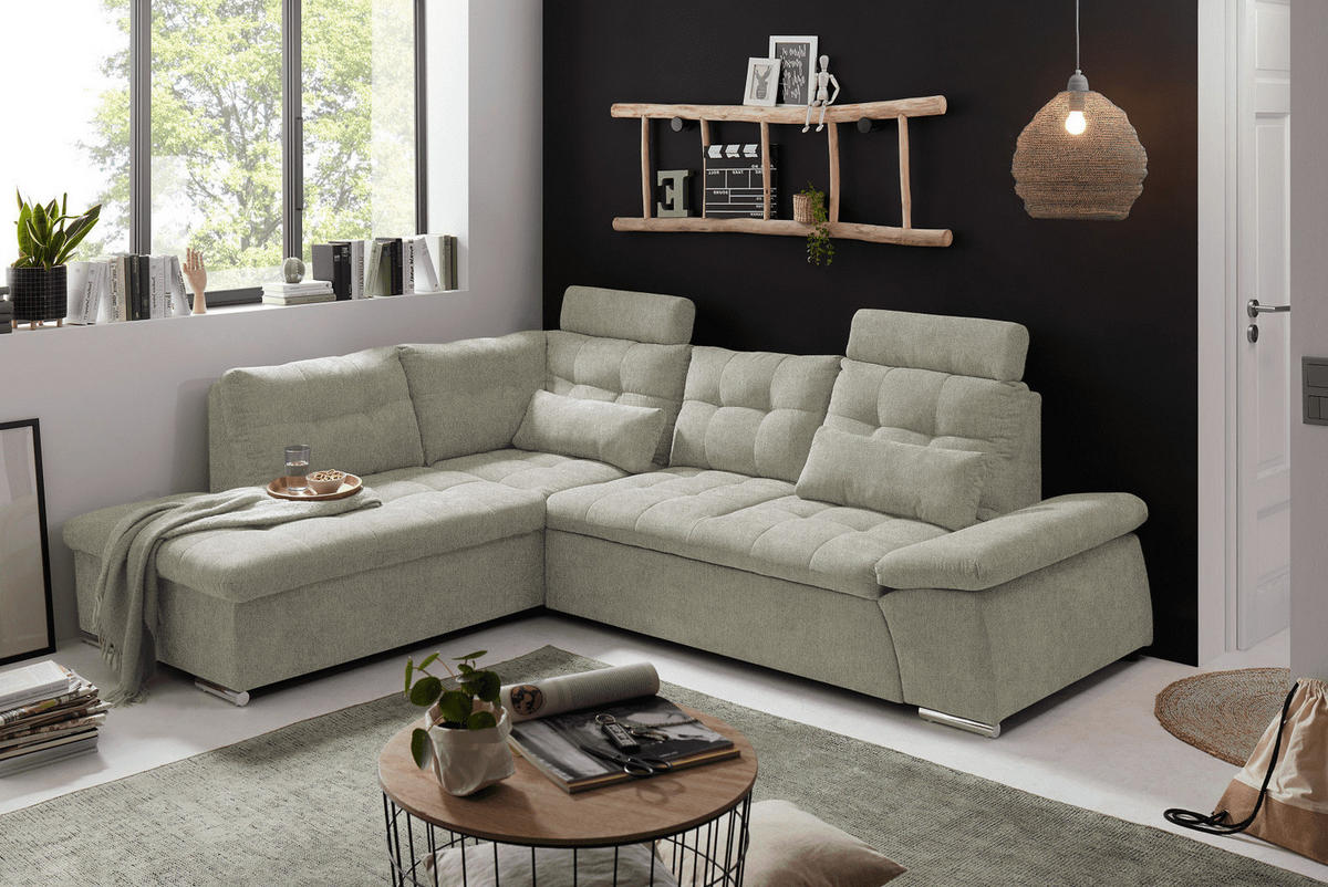 ECKSOFA mit Schlaffunktion, verstellbare Armlehne und Kopfstützen - Chromfarben/Beige, Textil (260/219cm) - ed exciting design