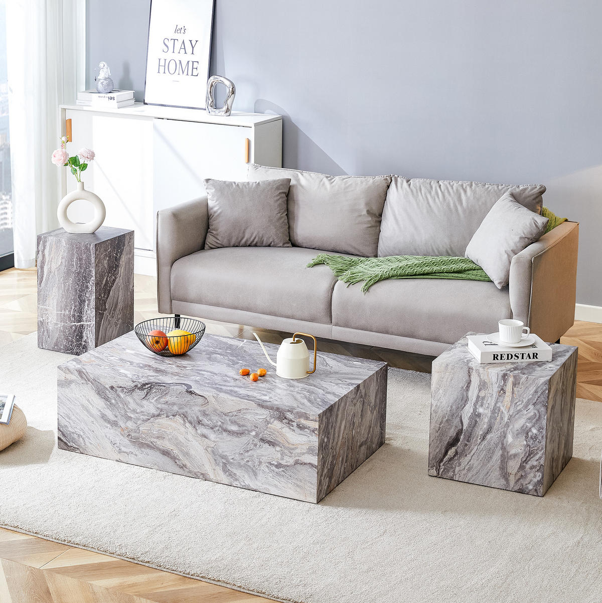 COUCHTISCH 90/50/30 cm in Grau mit Marmoroptik aus MDF - Grau, Holzwerkstoff (90/50/30cm) - Flora Grace