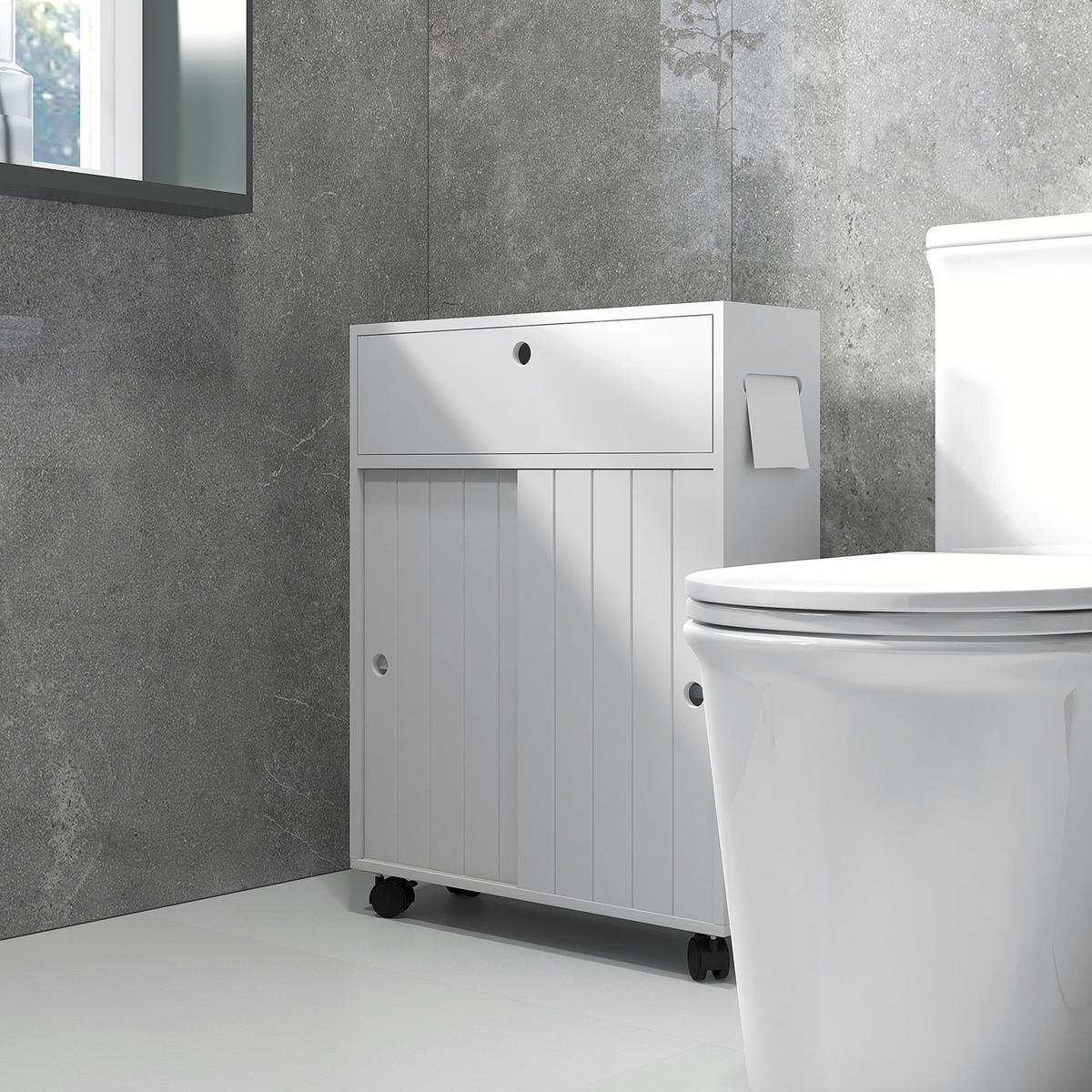 MIDISCHRANK DE-17308 mit Rollen & Toilettenpapierhalter Weiß - Weiß, Holzwerkstoff (17/67/52cm) - ComfortXL