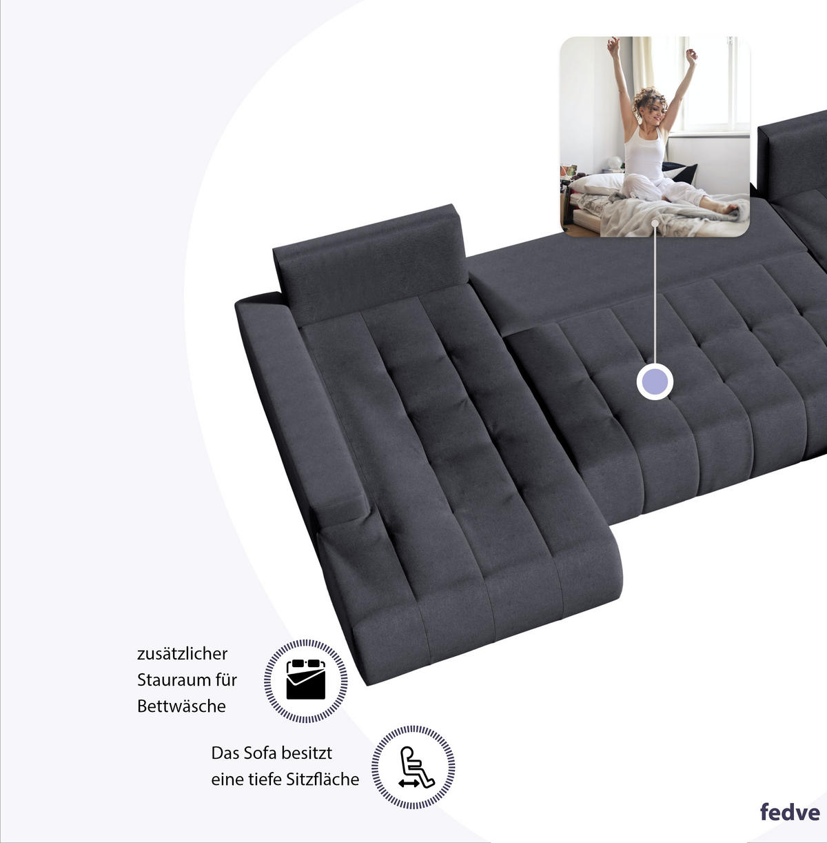 WOHNLANDSCHAFT mit Schlaffunktion Dhaka U, Dunkelgrau - Graphitfarben, Textil (185/85/350cm) - Fedve
