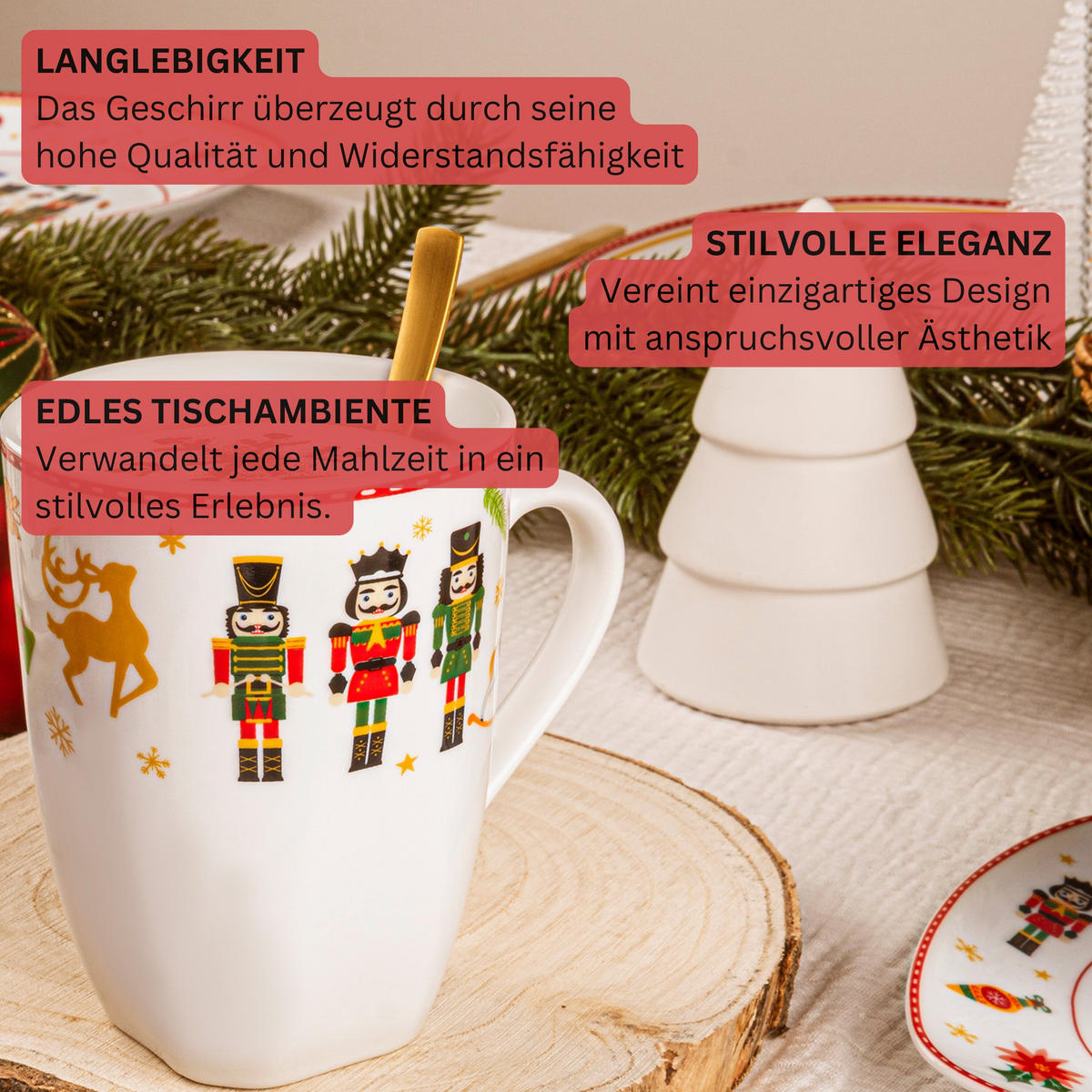KAFFEEBECHER SET BILGOLA NUSSKNACKER DESIGN - 6 teilig aus Porzellan - Weiß, Keramik (0.4L) - Sänger