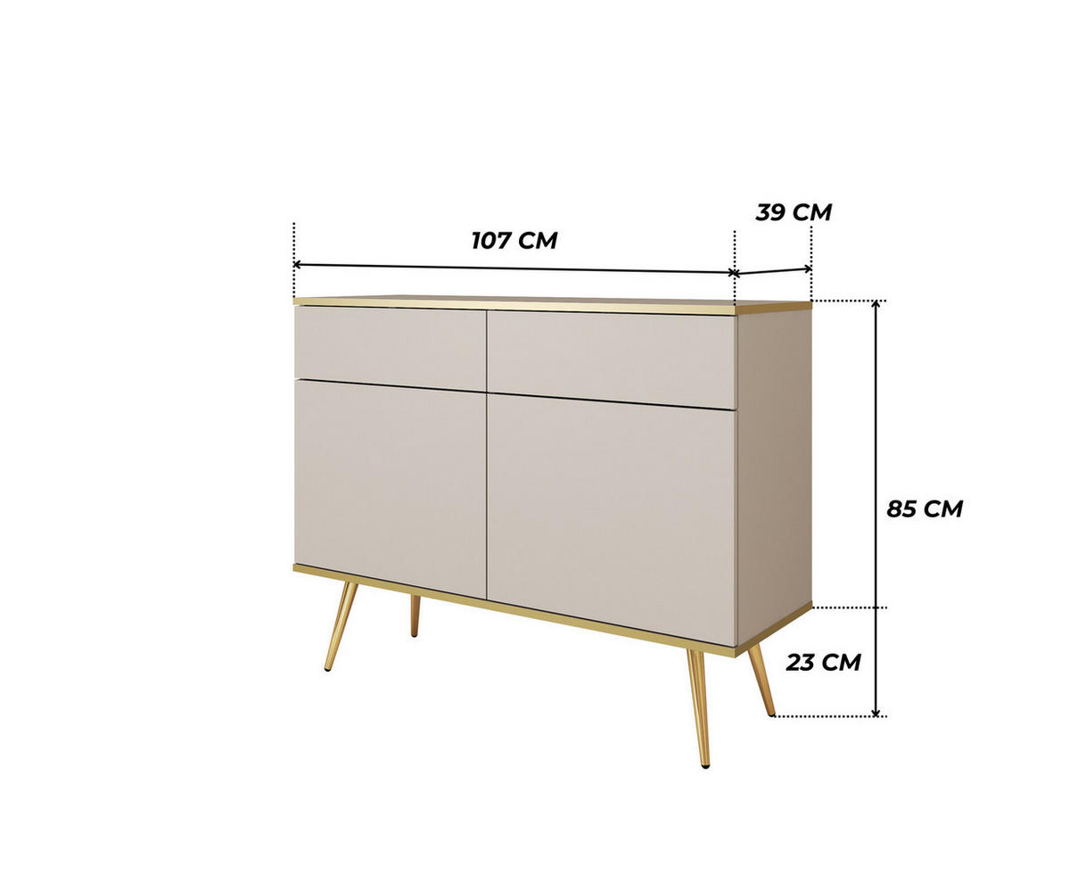 KOMMODE FORNO (Beige, Goldene Details, 2 Türen, 2 Schubladen, goldene Metallfüße) - Gelb/Beige, Holz/Holzwerkstoff (107/85/39cm) - Ravio
