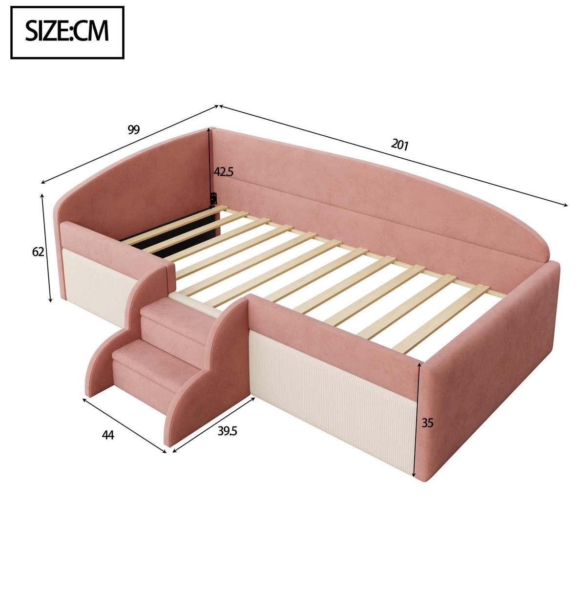 POLSTERBETT 90/190 cm aus Samt mit Stufen und Schutzbügel, Rosa/Weiß - Pink, Textil (90/190cm) - OKMYHOME